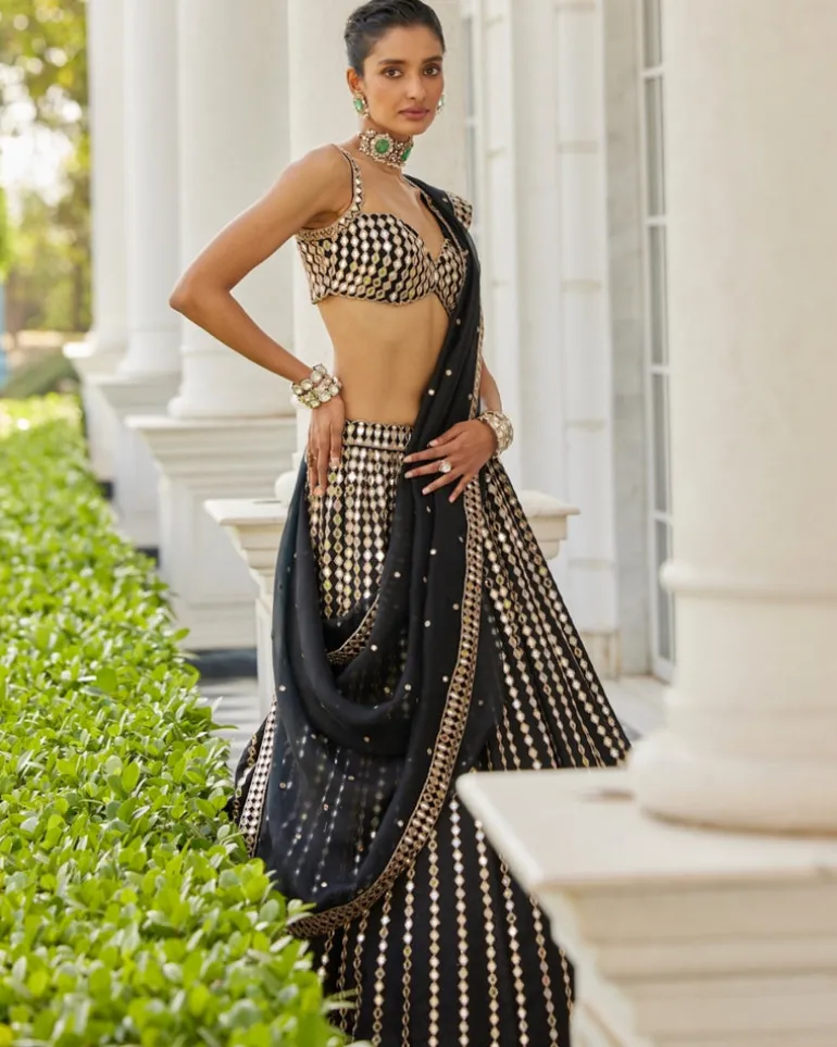 Black Linear Mirror Embroidered Lehenga Set