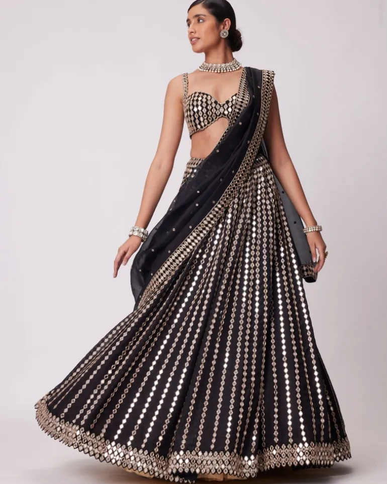 Black Linear Mirror Embroidered Lehenga Set