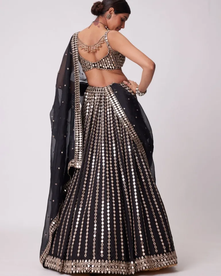 Black Linear Mirror Embroidered Lehenga Set