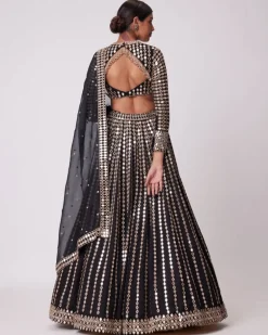 Black Linear Mirror Embroidered Lehenga Set