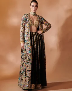 Black Long Embroidered Jacket With A Bustier And Sharara