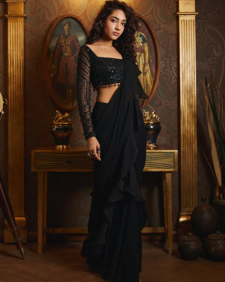 Black Organza Ruffle Skirt Sari Set