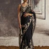 Black Organza Sari With Ivory Threadwork