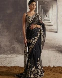 Black Organza Sari With Ivory Threadwork