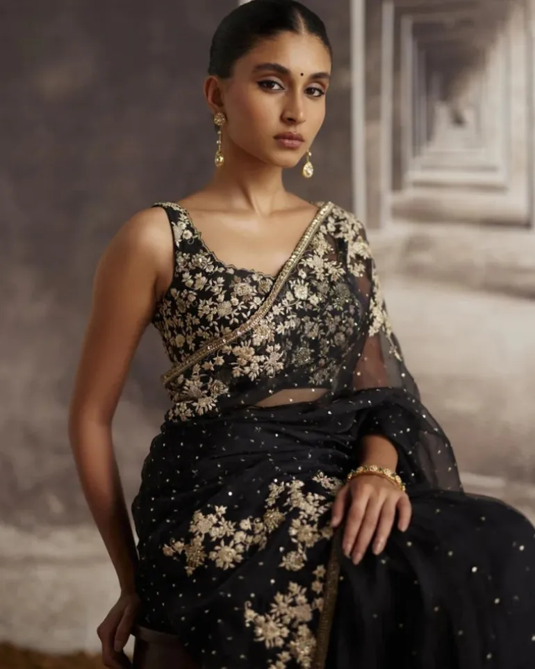 Black Organza Sari With Ivory Threadwork
