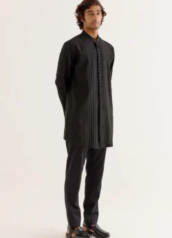 Black Pin Tuck Dori Embroidered Front-Open Kurta Set