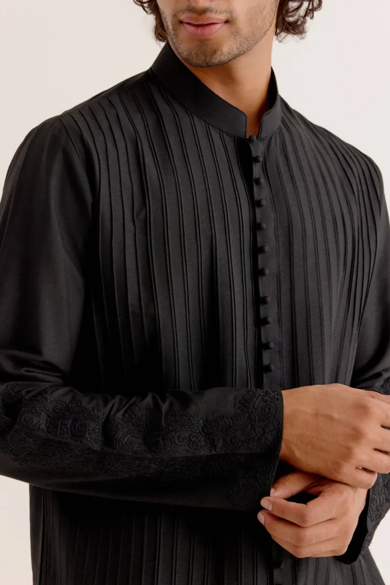 Black Pin Tuck Dori Embroidered Front-Open Kurta Set