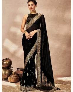 Black Potters Touch Crushed Sari Set