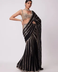 Black Pre Draped Hand Embroidered Sari Set