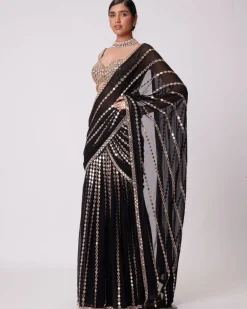 Black Pre Draped Hand Embroidered Sari Set