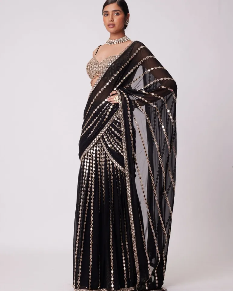 Black Pre Draped Hand Embroidered Sari Set