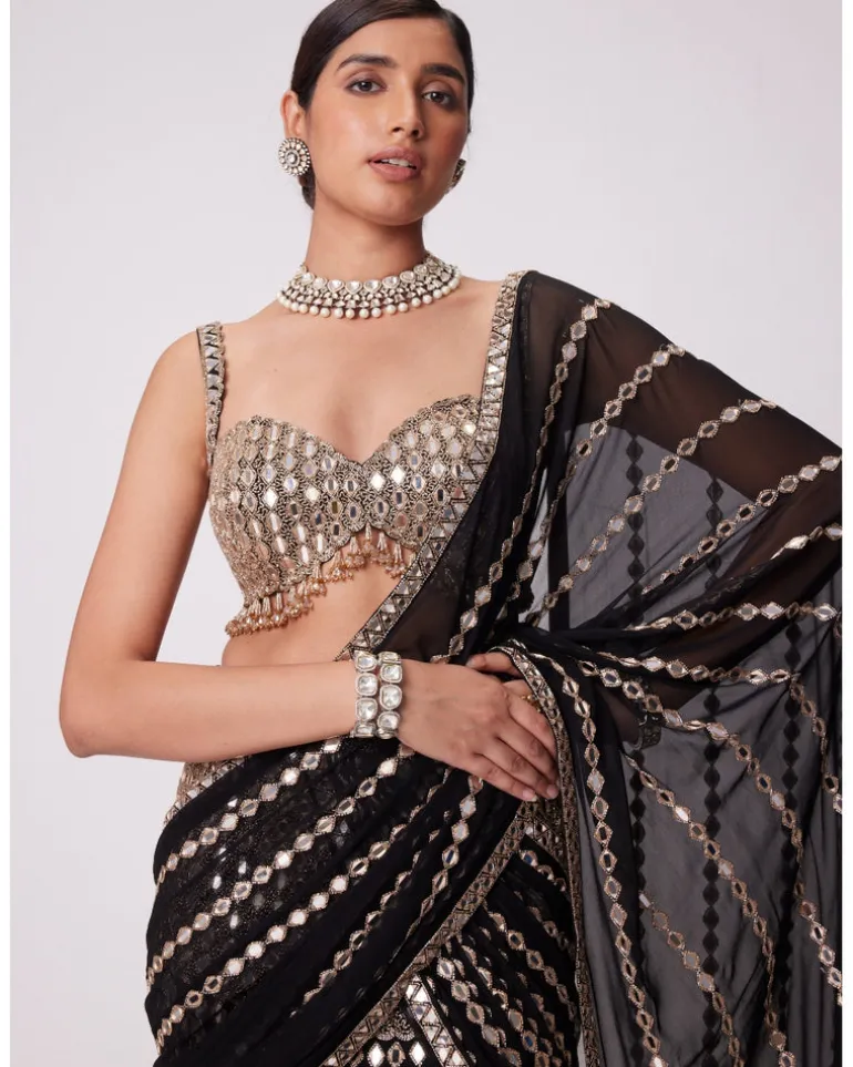 Black Pre Draped Hand Embroidered Sari Set