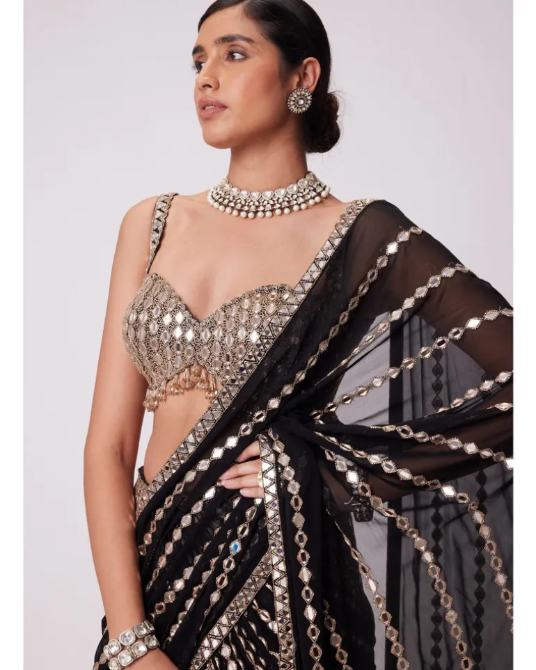 Black Pre Draped Hand Embroidered Sari Set