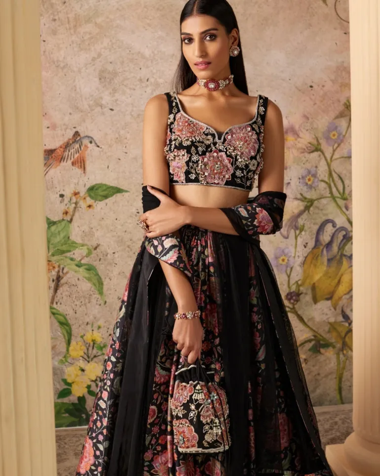Black Print Demi Lehenga Set