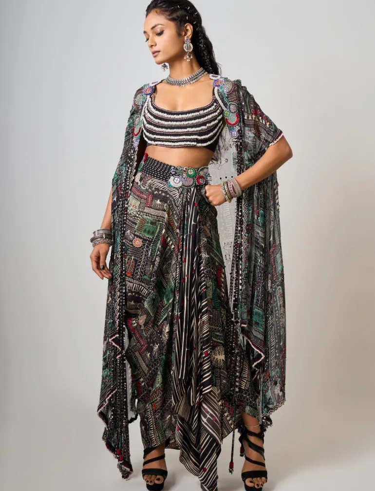 Black Printed & Hand Embroidered Dupatta Cape With Cowl Skirt Set