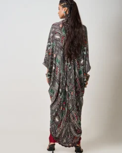 Black Printed & Hand Embroidered Long Kite With Pick Up Skirt Set