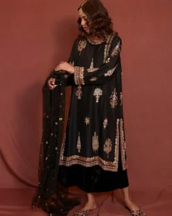 Black Raw Silk Nimr Kurta Set