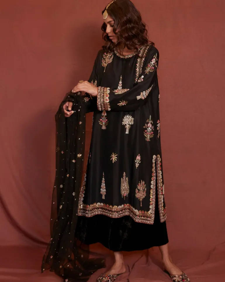 Black Raw Silk Nimr Kurta Set