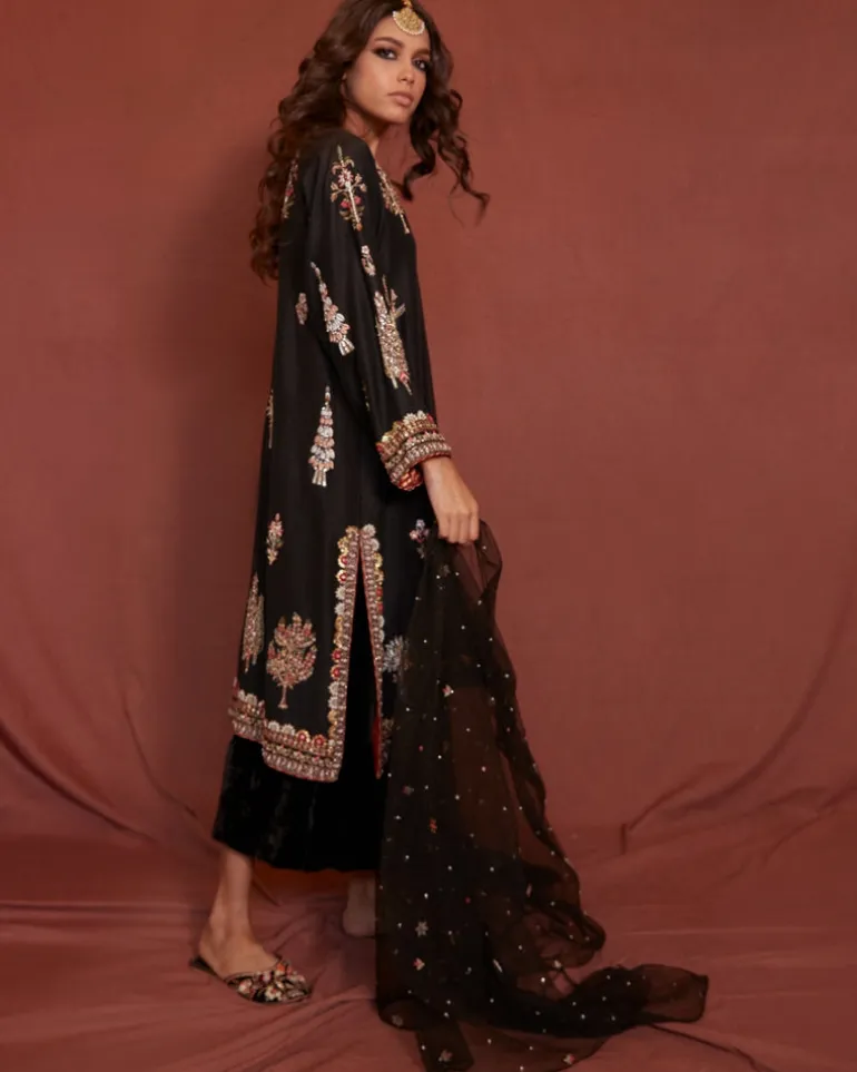 Black Raw Silk Nimr Kurta Set