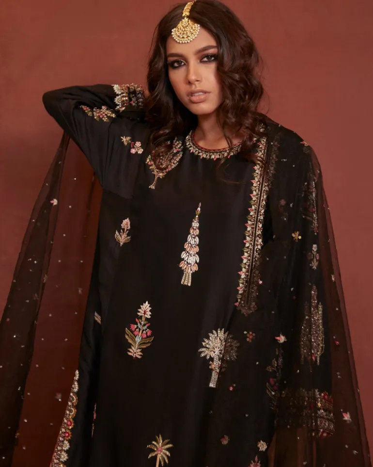 Black Raw Silk Nimr Kurta Set