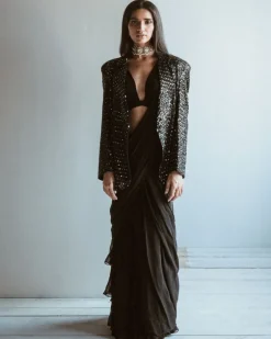 Black Ruffle Sari And Jacket Set