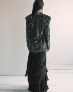 Black Ruffle Sari And Jacket Set