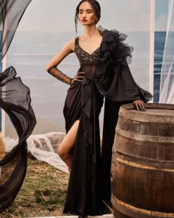 Black Satin Drape Sari Set