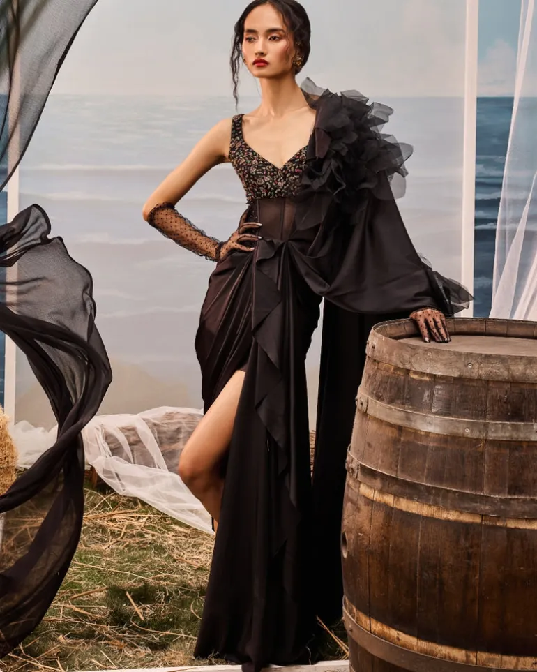 Black Satin Drape Sari Set