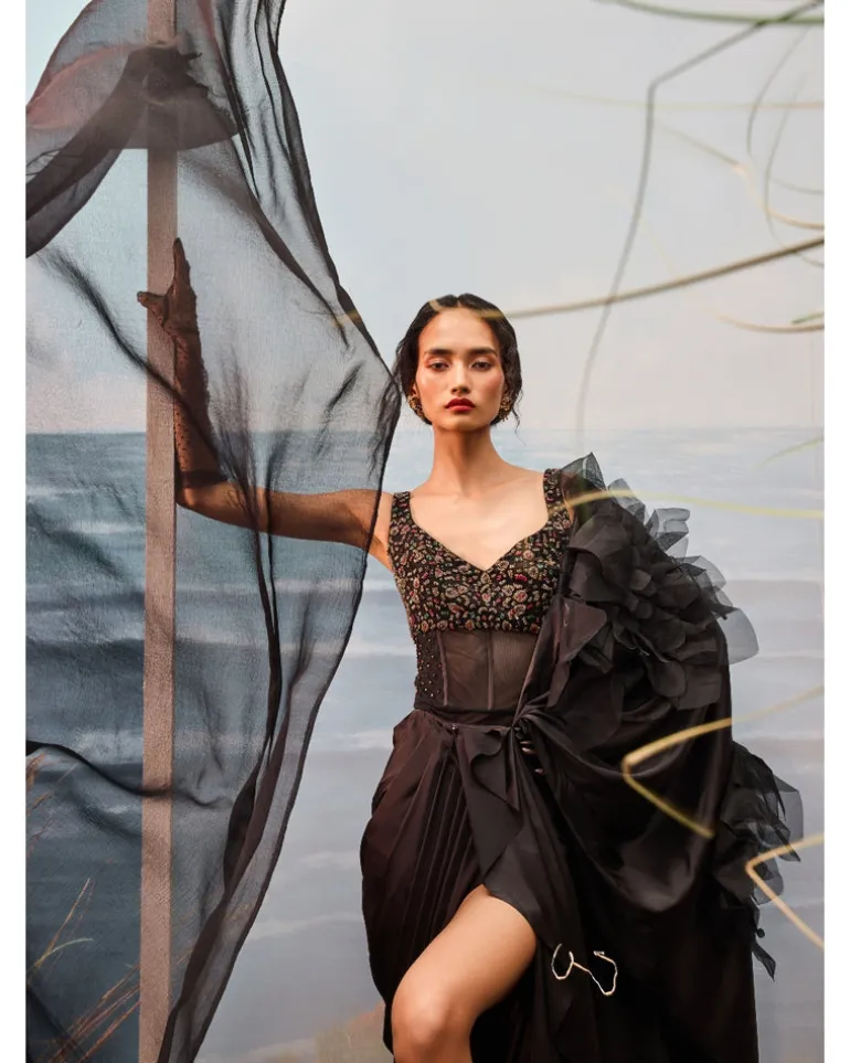 Black Satin Drape Sari Set