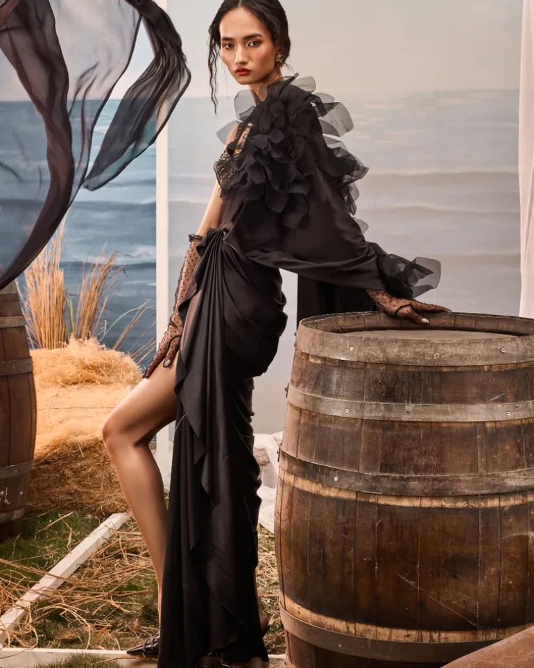 Black Satin Drape Sari Set