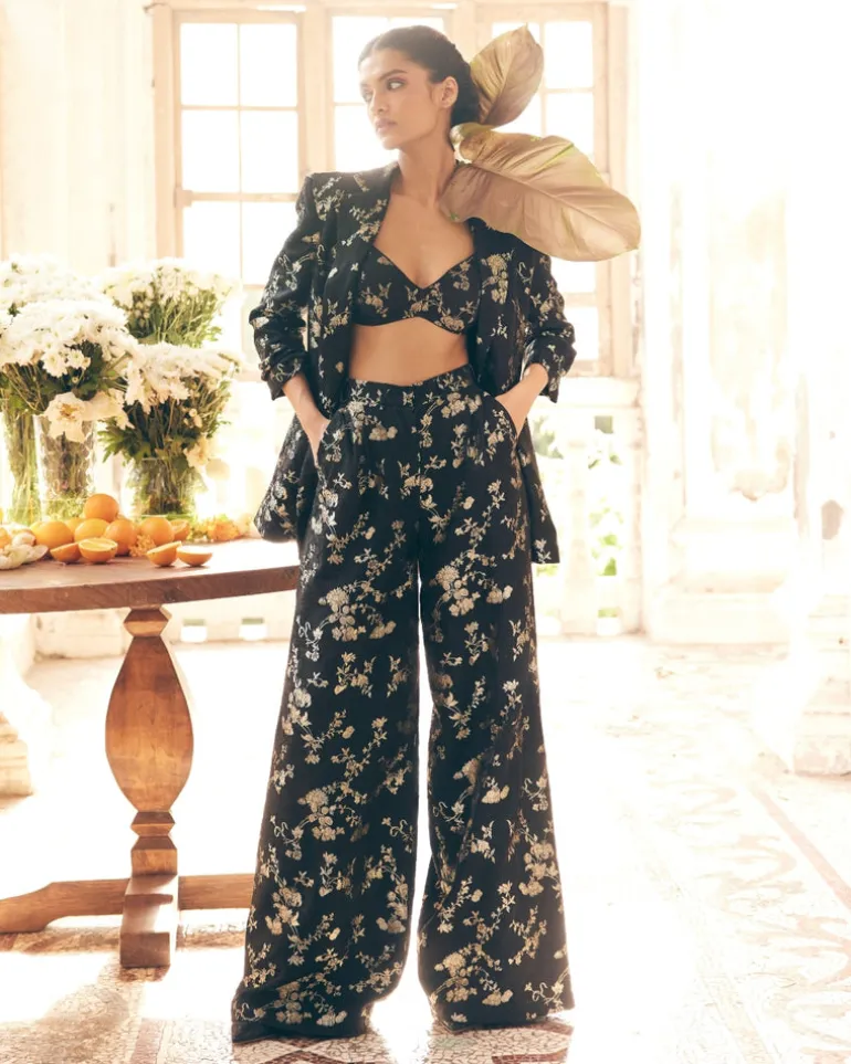 Black Self Woven Jacquard Blazer Set