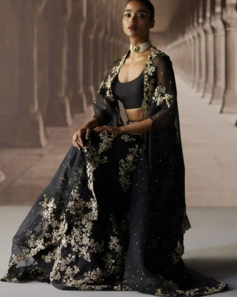 Black Sharara & Cape With Ivory Threadwork