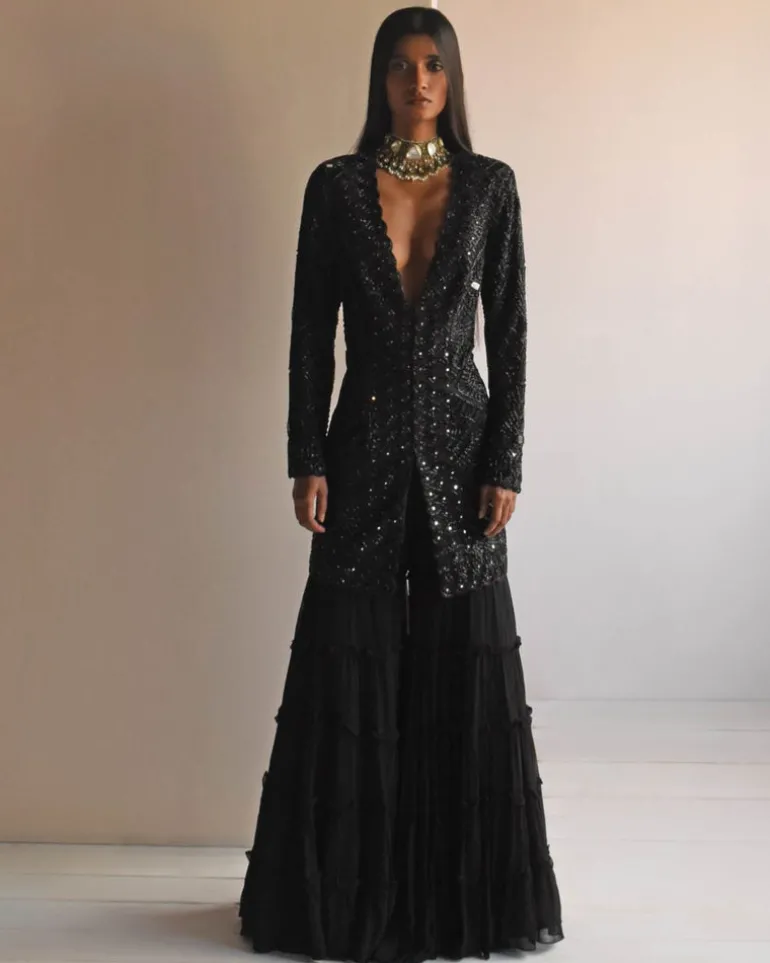 Black Sharara And Jacket Set