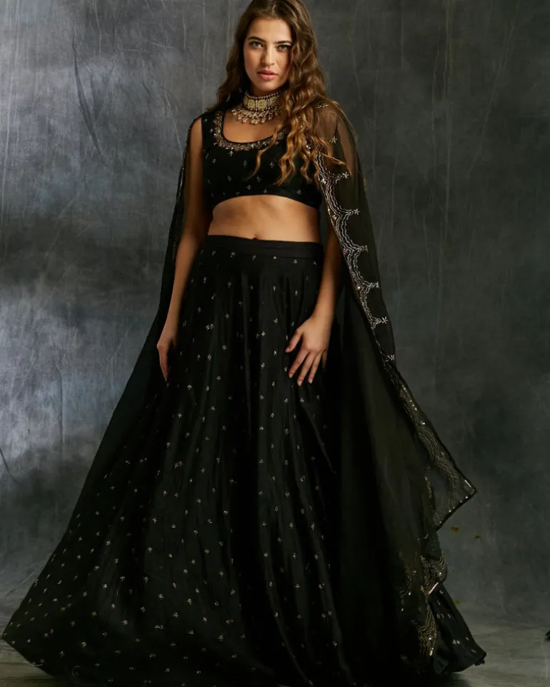 Black Silk Lehenga With Antique Work