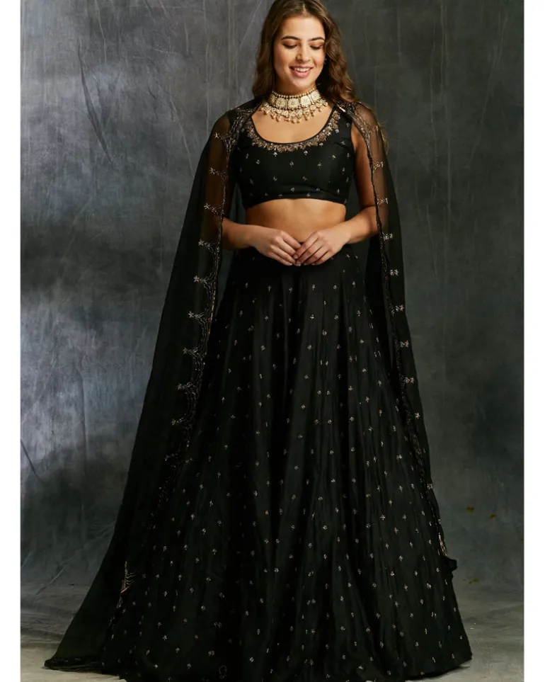 Black Silk Lehenga With Antique Work
