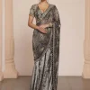Black Silk Tissue Godet Sari Set
