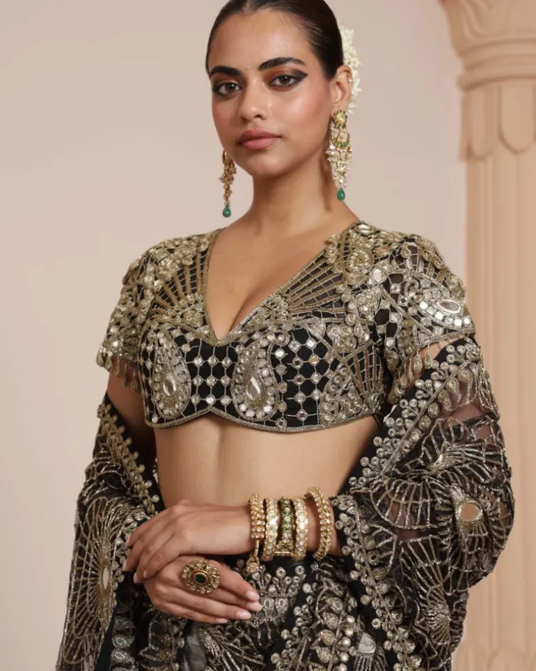 Black Silk Tissue Godet Sari Set