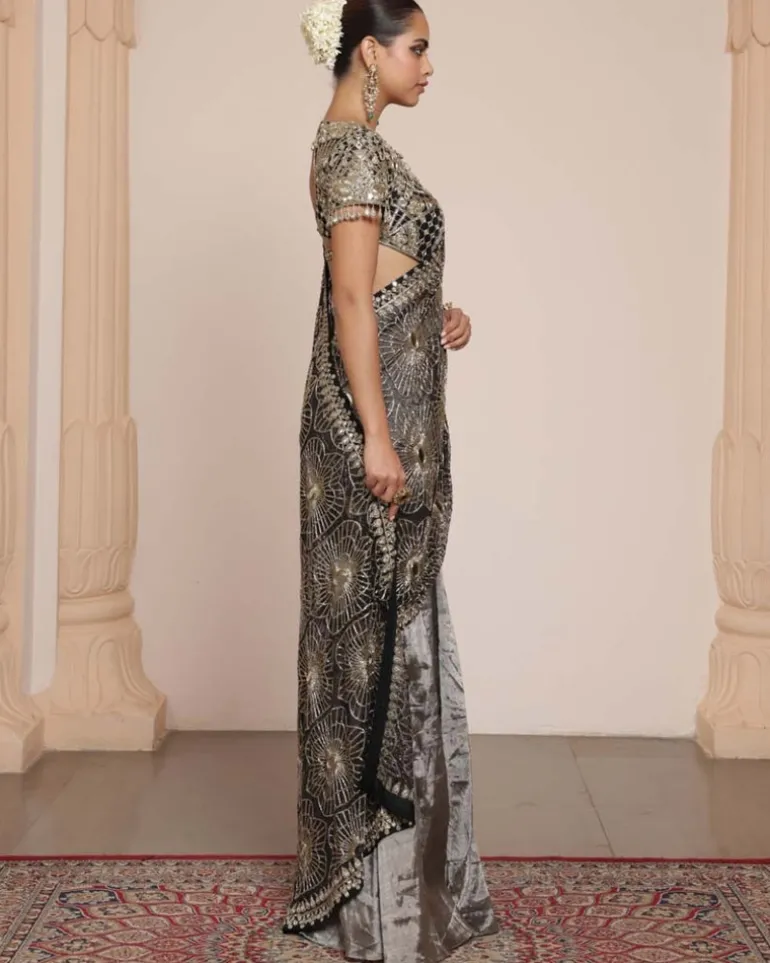 Black Silk Tissue Godet Sari Set