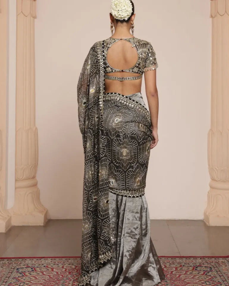 Black Silk Tissue Godet Sari Set