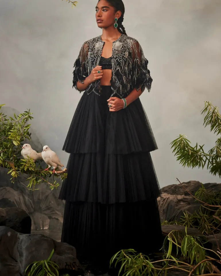 Black Tiered Jacket Sharara Set
