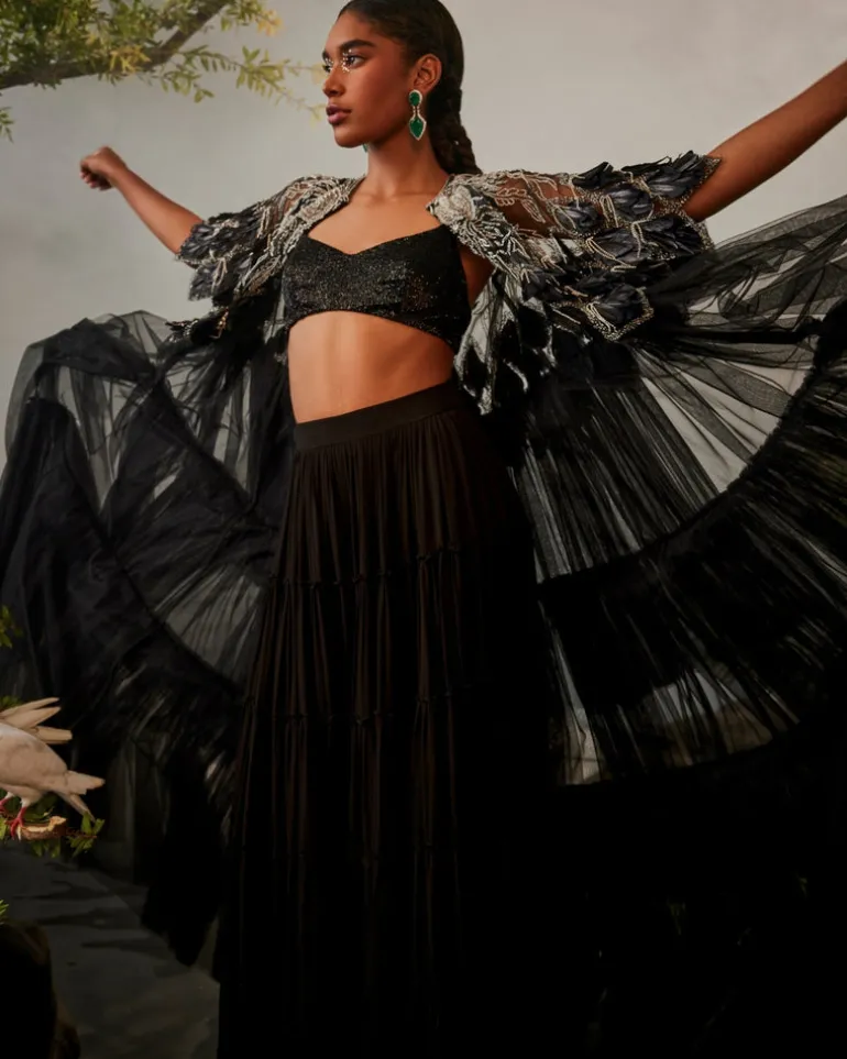 Black Tiered Jacket Sharara Set