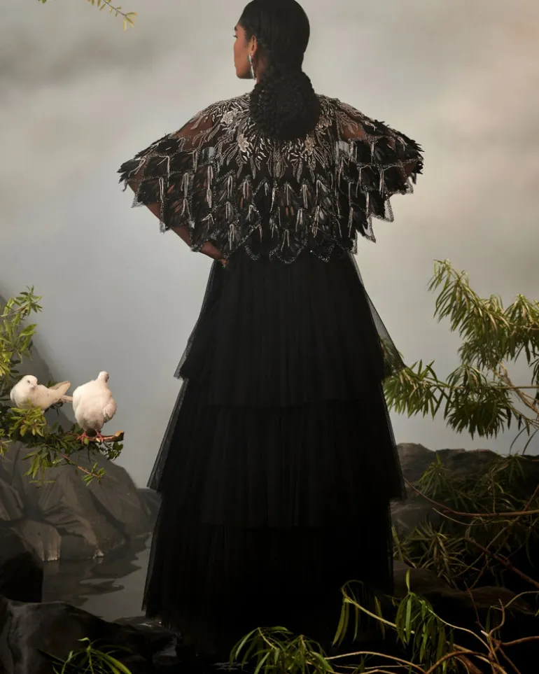 Black Tiered Jacket Sharara Set