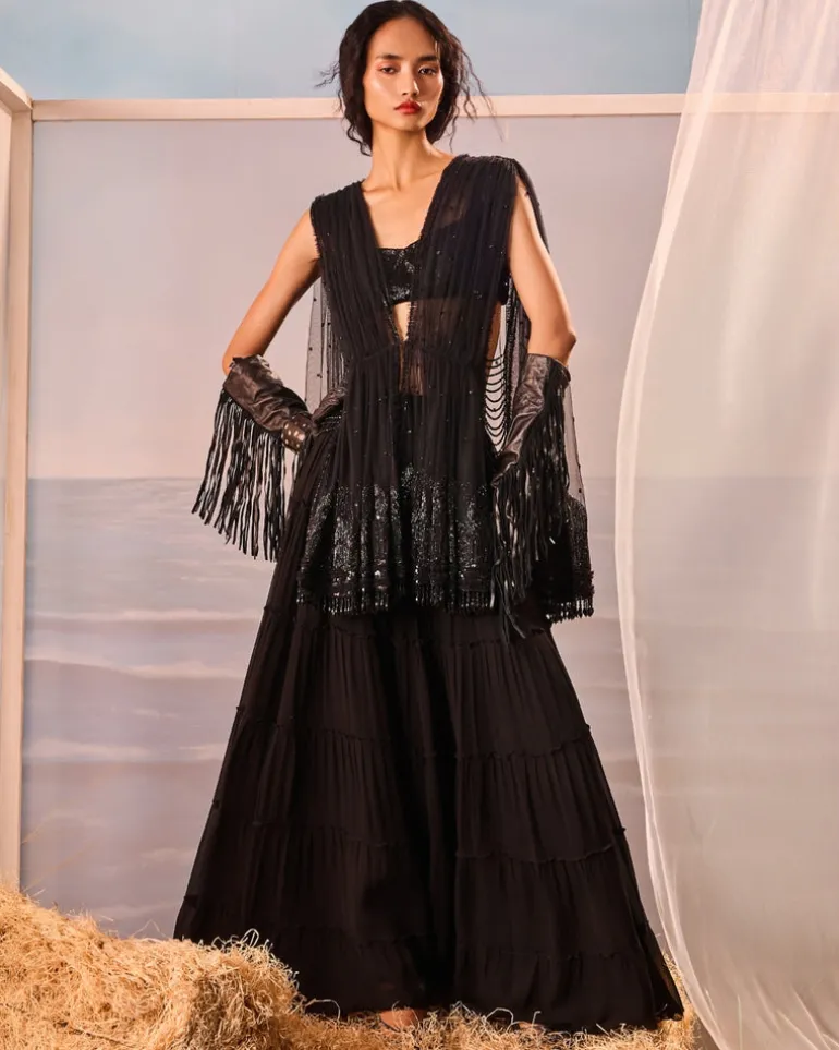 Black Tiered Sharara And Draped Jacket Set