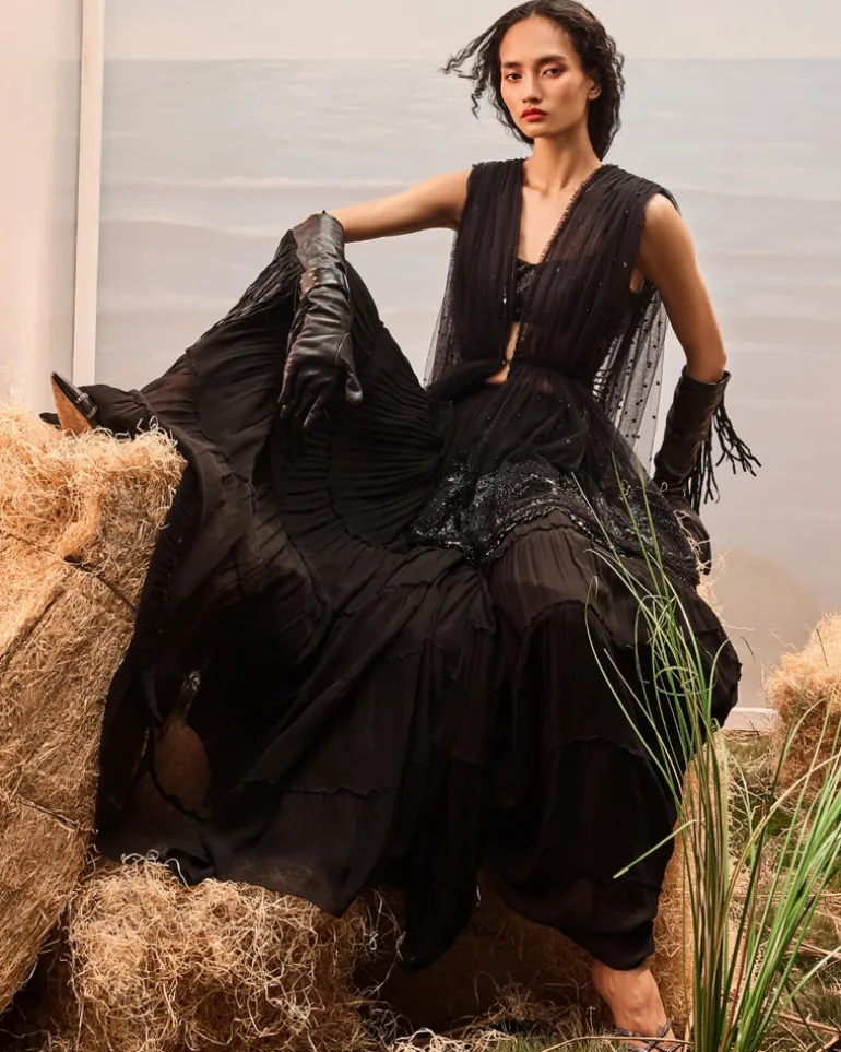 Black Tiered Sharara And Draped Jacket Set