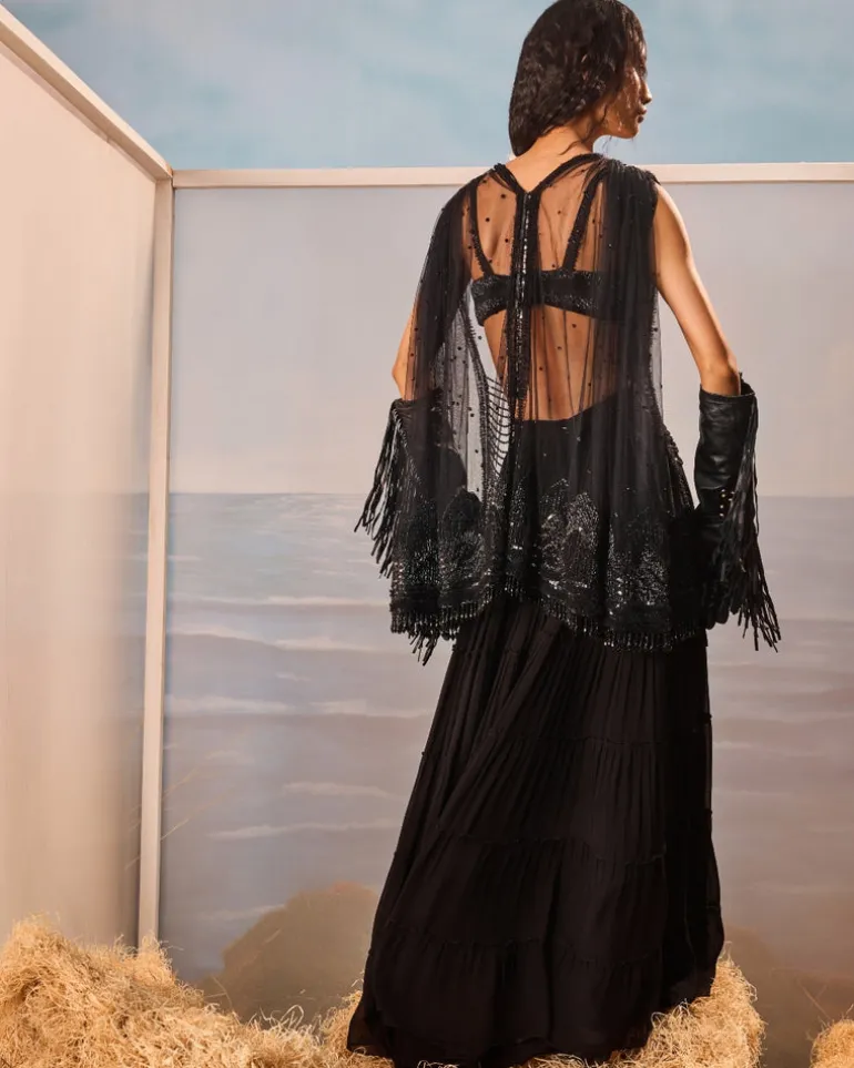 Black Tiered Sharara And Draped Jacket Set