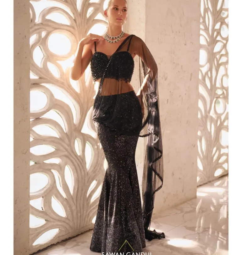 Black to Grey Sequins Pre-Drape Sari Set