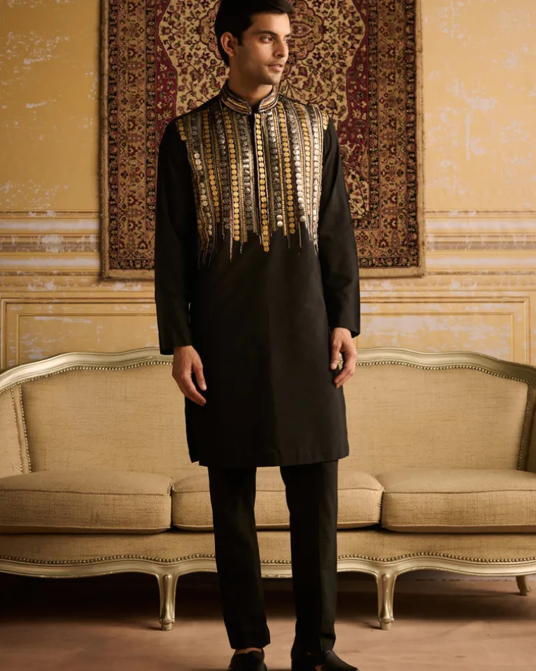 Black Tribal Rustic Embroidered Kurta With Black Pants