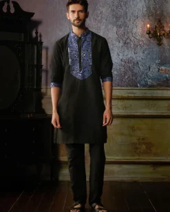 Black With Blue Yoke Embroidered Kurta With Black Pants