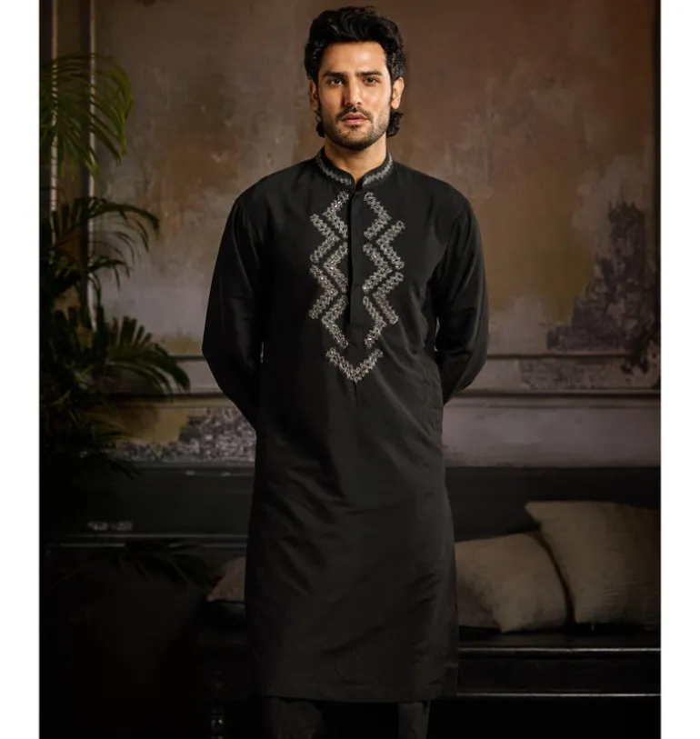 Black With Gunmetal Zig Zag Yoke Embroidered Kurta Paired With Black Pants