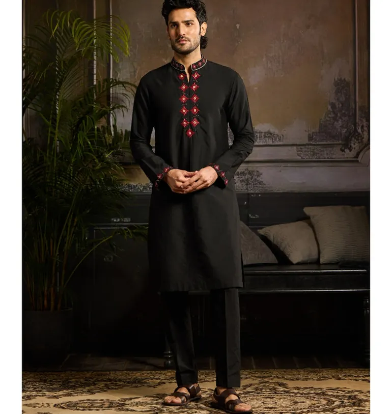Black With Maroon Butta Embroidery Zip Detailed Kurta Paired With Black Pants